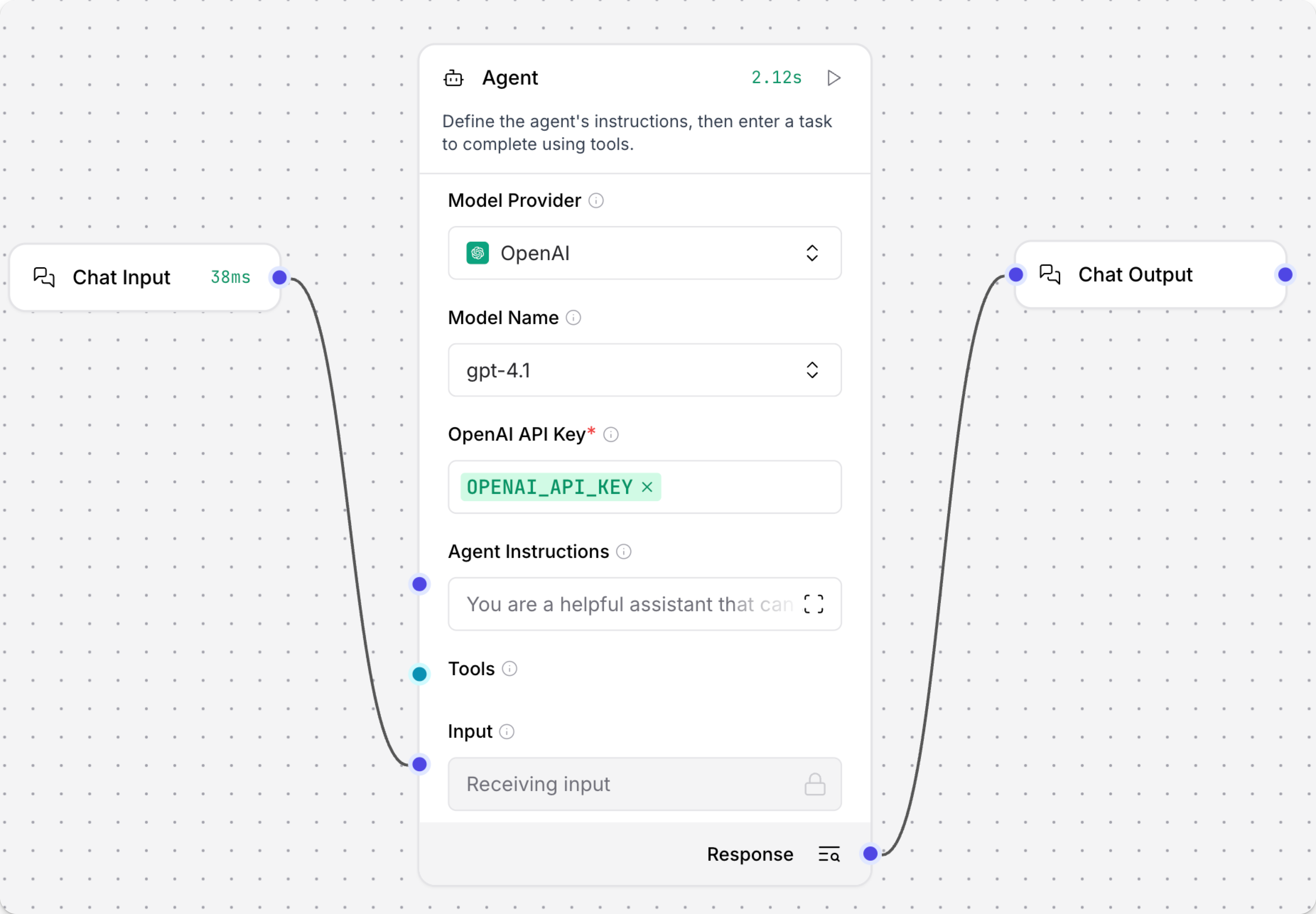 一个包含 Chat Input、Agent 和 Chat Output 组件的基本 agent 聊天流程。